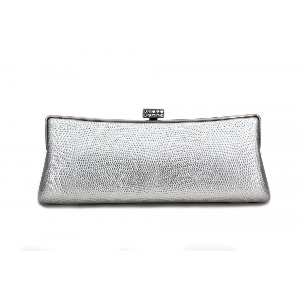 Evening Bag - Hard Case Embossed Lizard Skin Like w/ Clear Crystal Accent Closure - Silver - BG-HPZ443S 